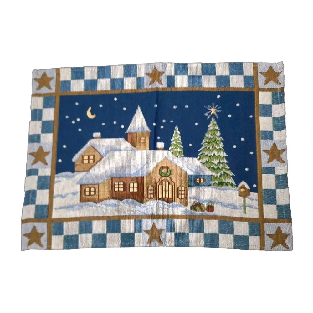 4 Christmas Tapestry Placemats Church Winter Moon Stars Country Cottagecore 90s